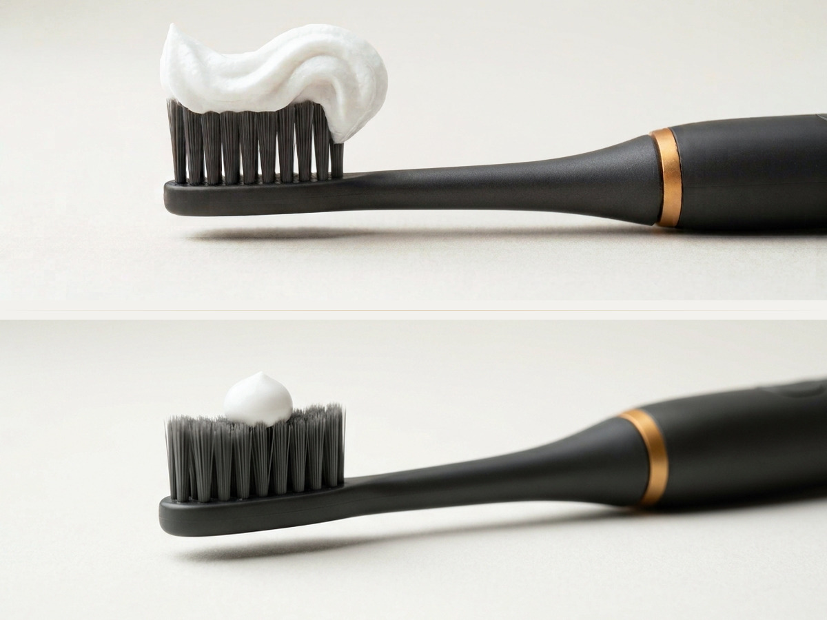 Duas escovas de dentes iguais, na mesma escala: acima, uma onda espessa de creme dental cobrindo toda a extensão das cerdas, como nos comerciais; abaixo, uma porção do tamanho de um grão de ervilha, que é a recomendada